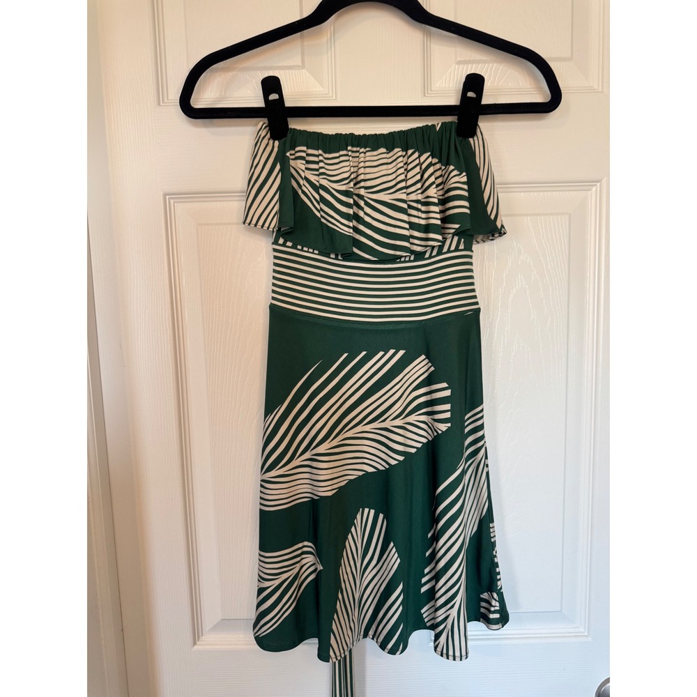 BCBGMAXAZRIA Green Tropical Palm Print Ruffle Strapless Mini Dress XXS